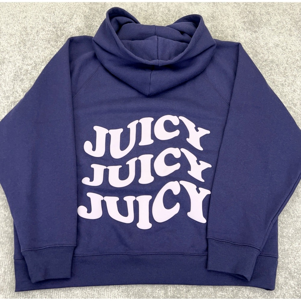Juicy Couture Wave Fleece Hoodie Womens Large Sweatshirt Navy Orchid Puff NWT